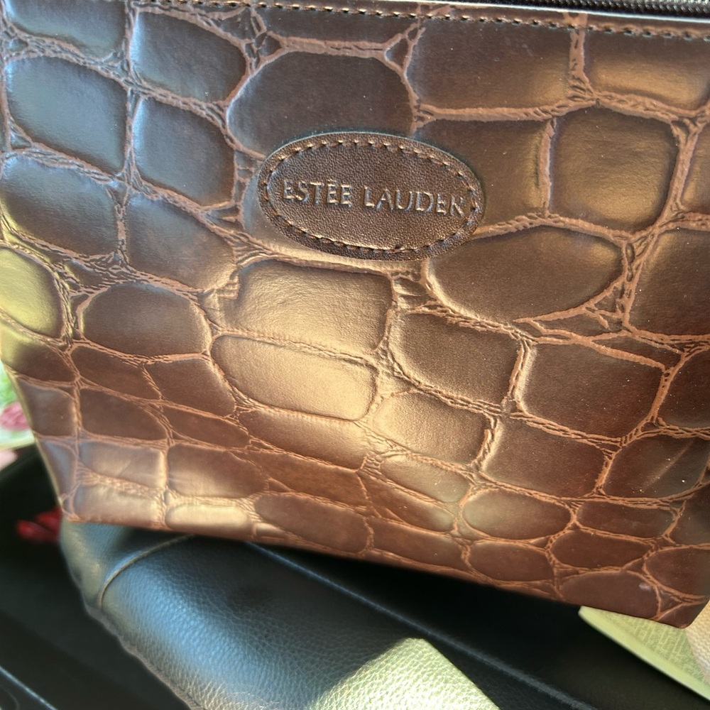 Estee Lauder Dark Brown Crocodile-Pattern Toiletry Bag